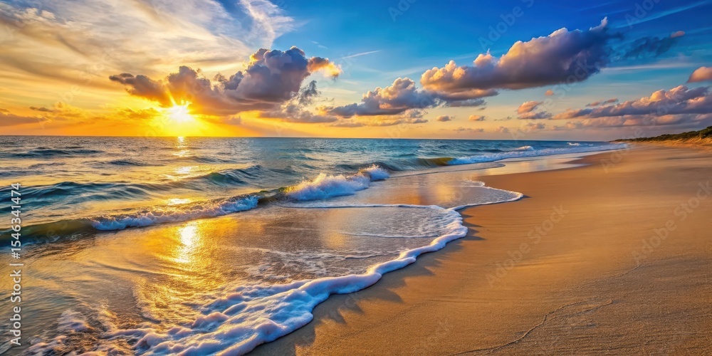 Serene sandy beach at sunset with calm waves gently lapping at shore